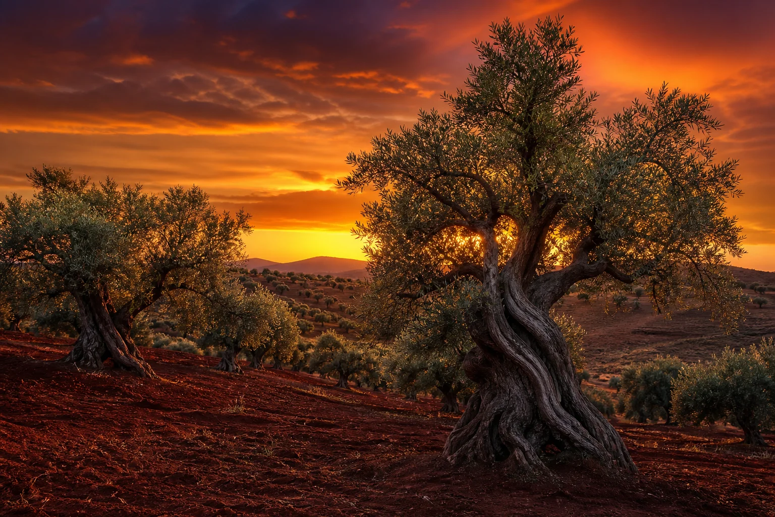 Aerial view of olive groves on basalt plains at golden hour