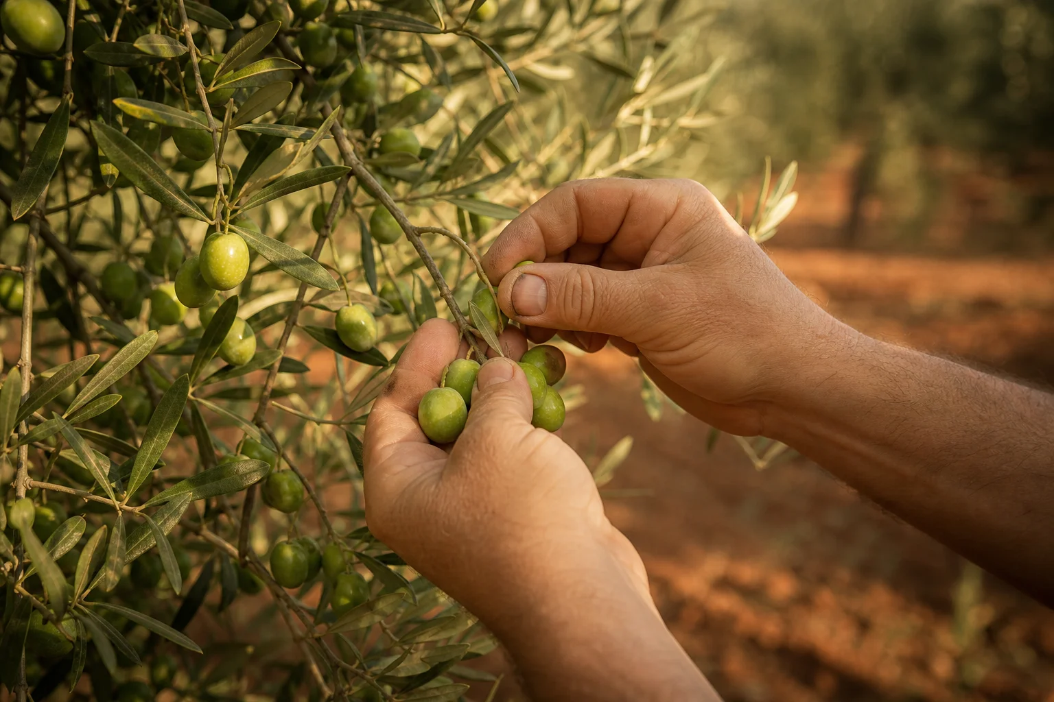 Hands harvesting olives in the grove