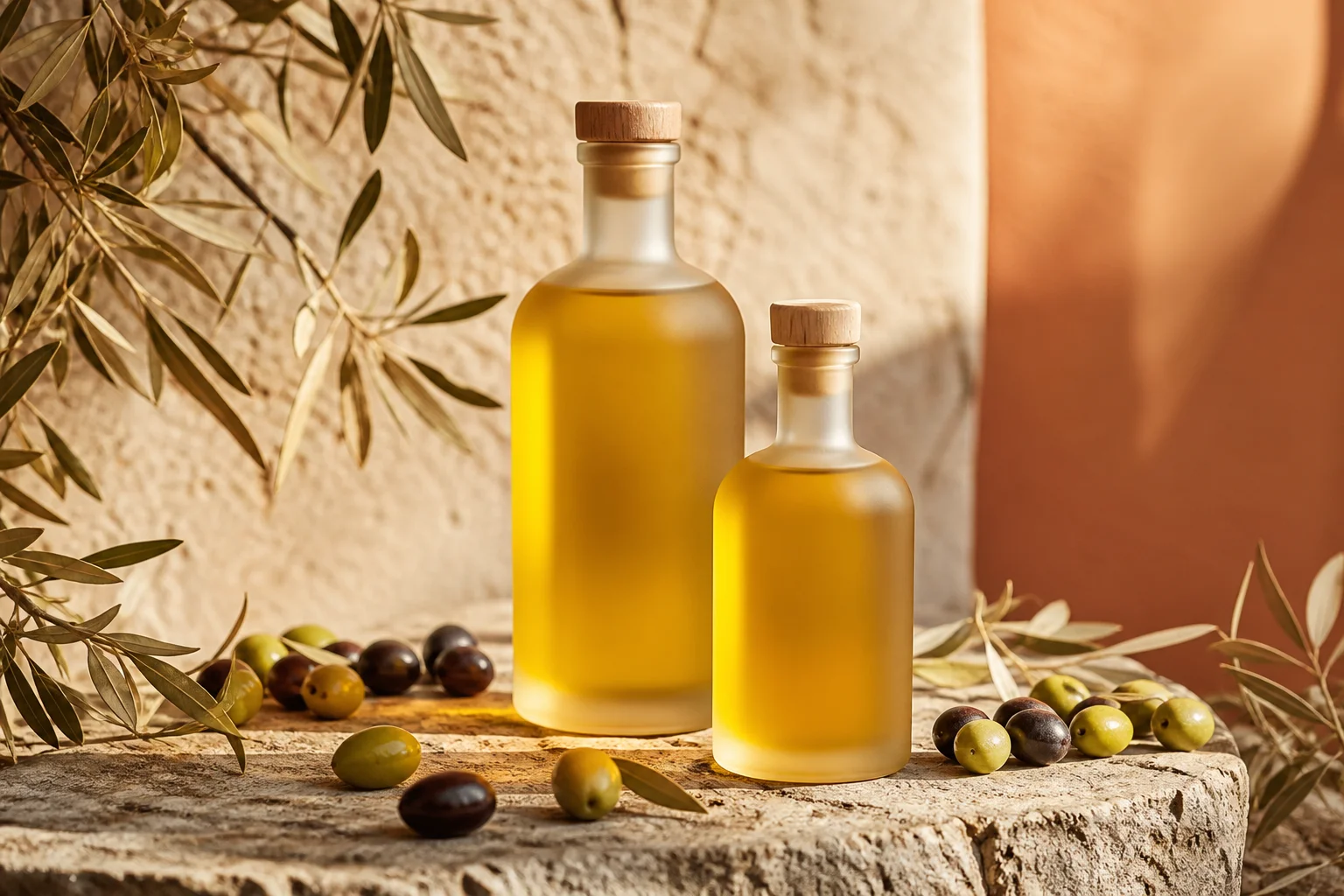 Classico olive oil bottles on weathered timber
