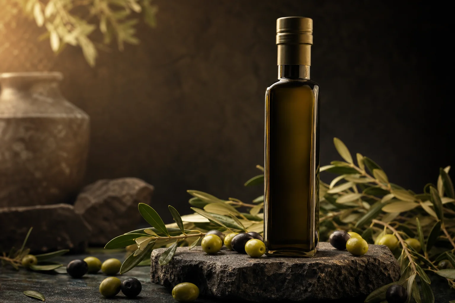 Frantoio extra virgin olive oil bottle on basalt stone