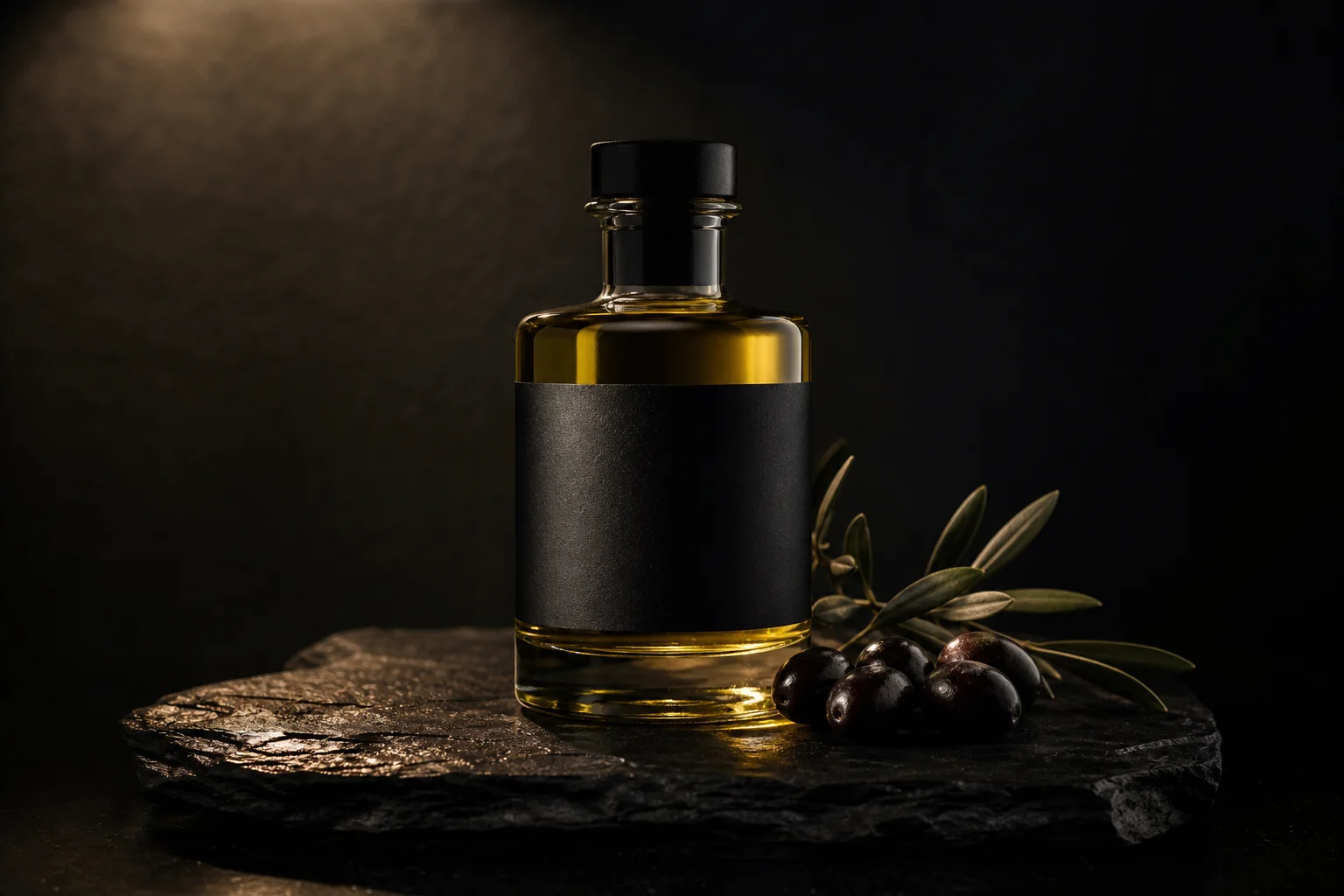 Koroneiki reserve olive oil on dark slate